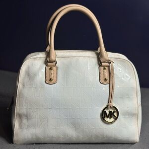 Michael Kors White/Milk Large Satchel with Tan Handles & Gold MK Charm